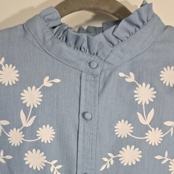 Simplee Women's Large Blue Daisy Floral Puff Sleeve Blouse Ruffle Collar Top - Picture 2 of 7